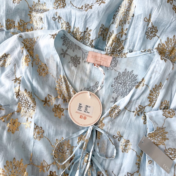 NWT | Sunny Studio French Designer Cotton Tiered Maxi Summer Dress Sky Blue Gold - Picture 11 of 14